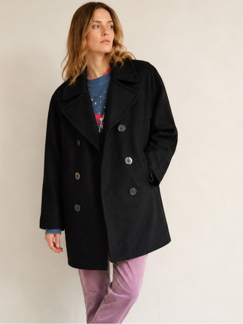 Vintage NWT Mario De Pinto Black Wool Blend Lined Anchor Buttons Pea Coat Sz 12